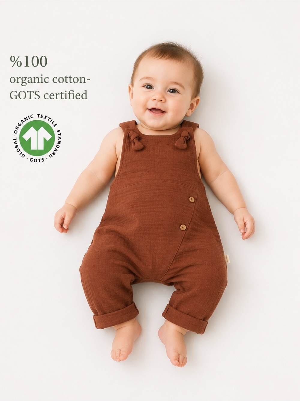 Organic Cotton Baby Overalls Brown 3-6M GOTS Certified Romper